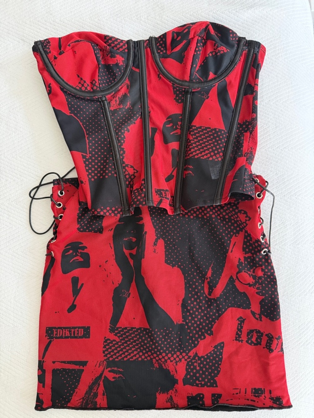 Edikted Red and Black Graphic Corset and Lace-Up Skirt Set